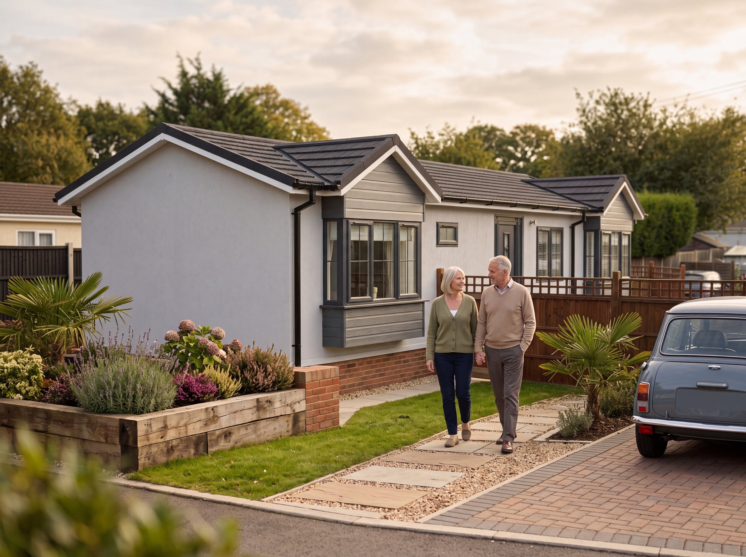 An older couple walking through the garden of their luxury park home bungalow