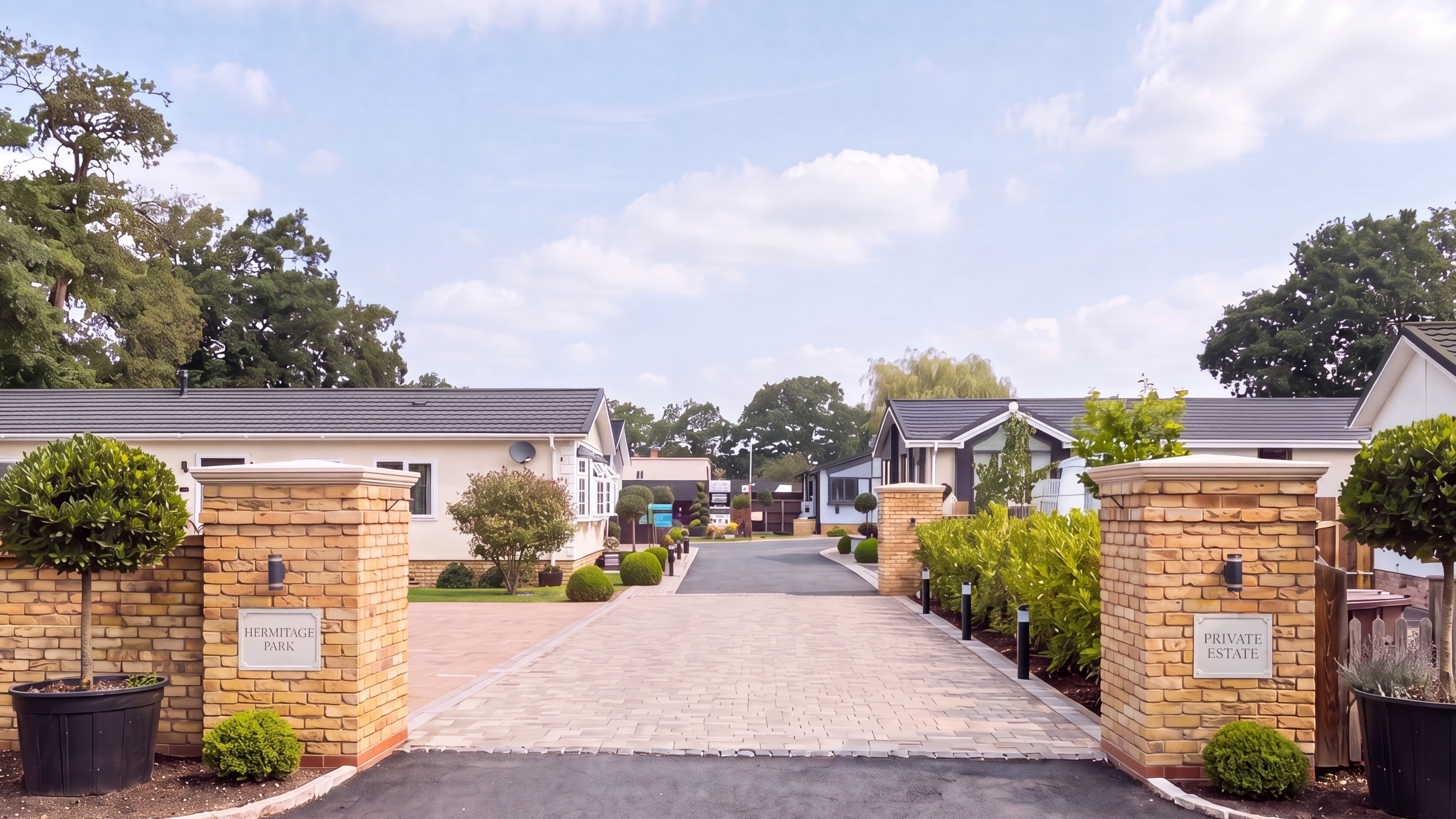 The gated entrance to Hermitage Park on a bright day, with park home bungalows beyond