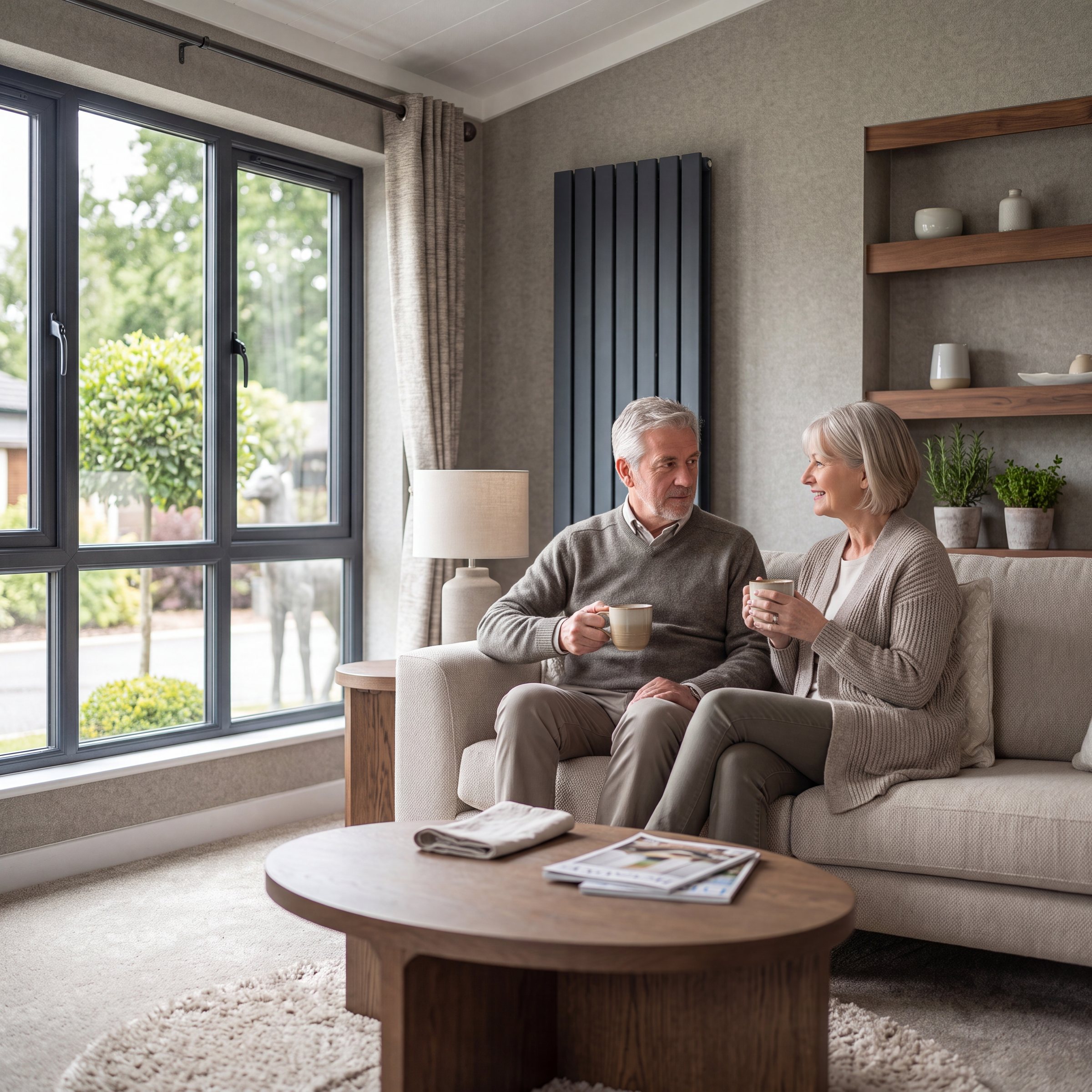 An older couple enjoying morning coffee in a bright, fully furnished lounge